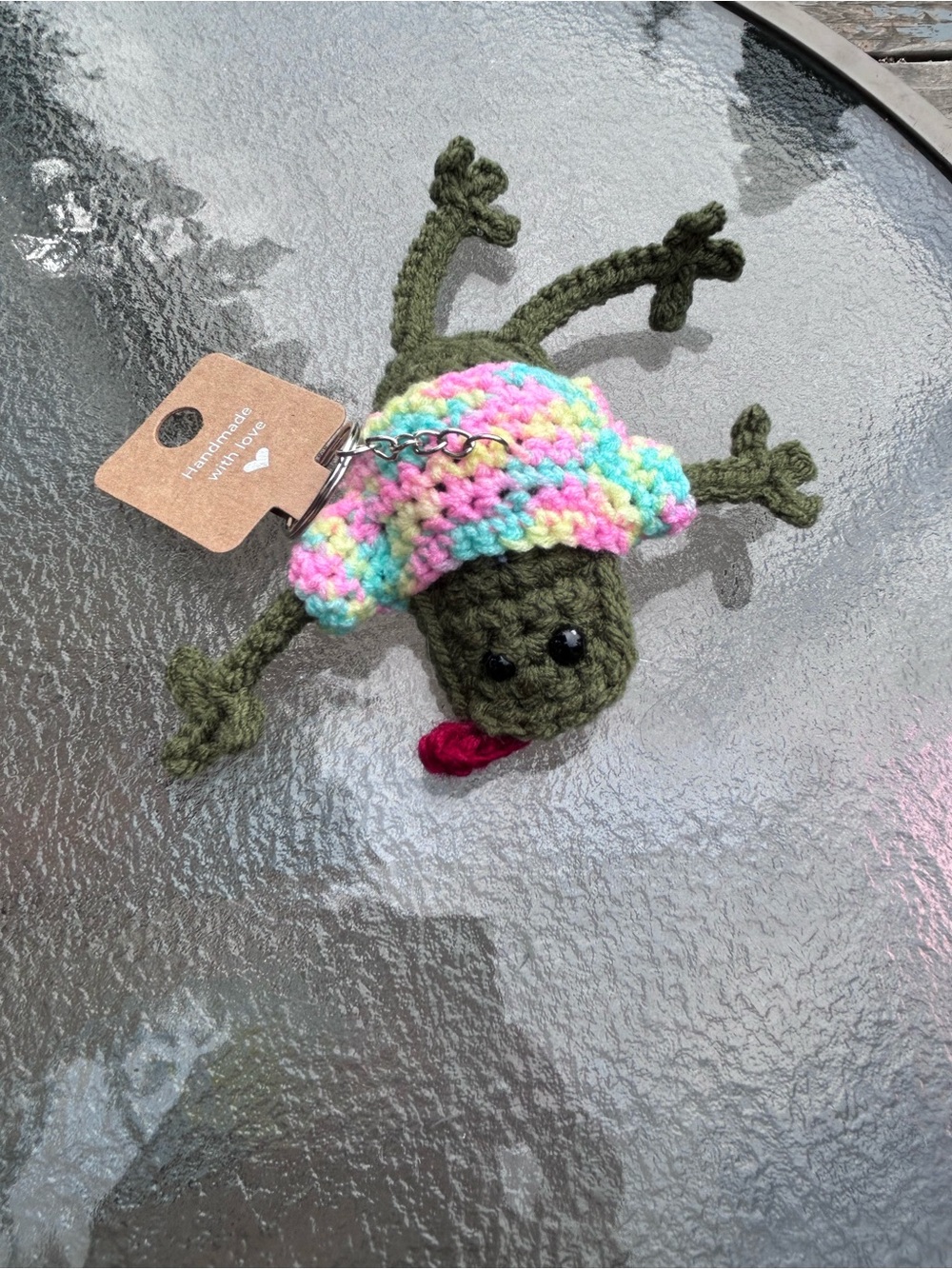 Handmade Crochet Frog Keychain with Multicolor Pastel